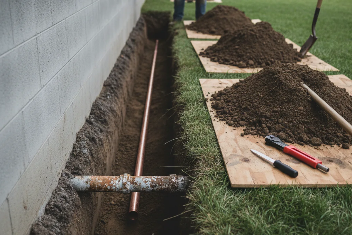 Excavated water line trench during Sewer Line Repair in Elkmont